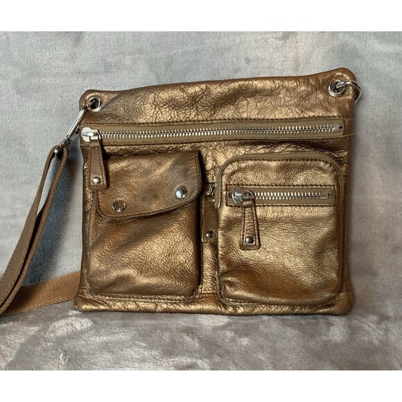 Fossil Crossbody Bag Front Pockets Metallic Bronze/Chocolate Pebbled Leather - Picture 2 of 16